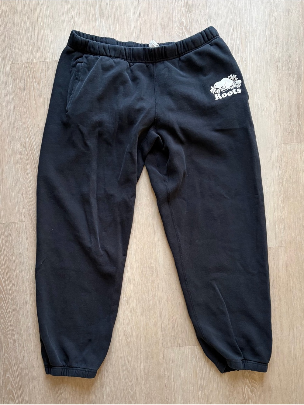 Roots Black Men's Fleece Sweatpants with White Logo